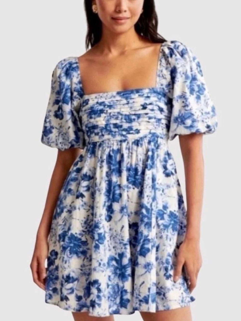 A&F - Emerson Linen Blend Puff Sleeve Mini Dress in Blue/White, XS